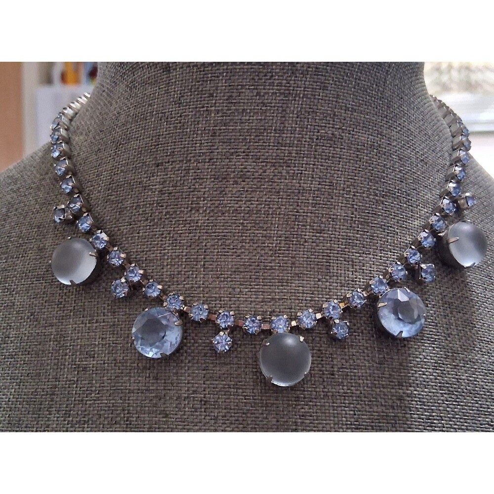 Blue faceted & frosted glass rhinestone choker necklace, prong set 15" wedding